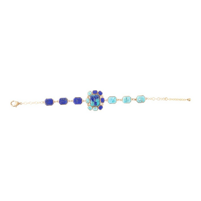 Start2Finish Duality blue lapis and turquoise bracelet with gold accents, showcasing vibrant stones and elegant jewelry design.