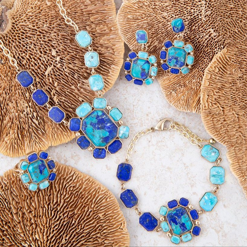 Duality Blue Lapis and Turquoise gold bracelet from Start2Finish jewelry featuring vibrant blue lapis and turquoise beads.