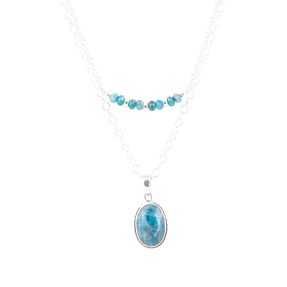 Layered blue apatite and sterling silver necklace featuring multiple strands and a polished, elegant jewelry design