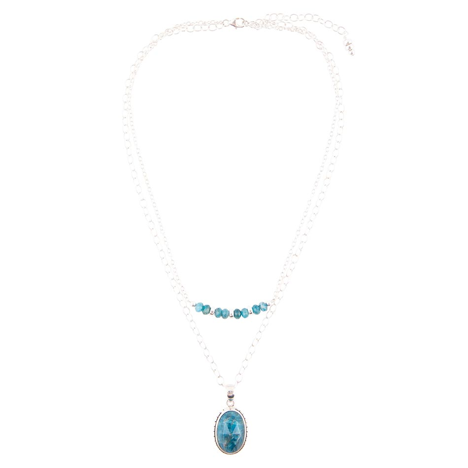 Layered blue apatite and sterling silver necklace, showcasing multiple blue gemstone strands with silver chain links.