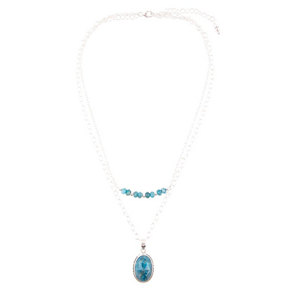 Layered blue apatite and sterling silver necklace, showcasing multiple blue gemstone strands with silver chain links.