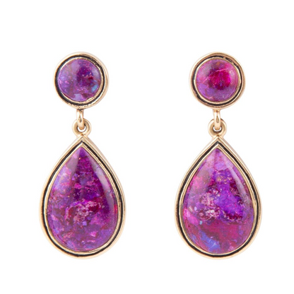 Purple turquoise and golden bronze teardrop earrings featuring intricate jewelry design by Start2Finish.