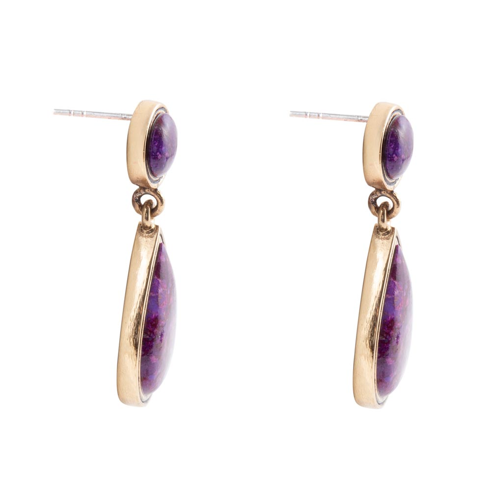 Purple turquoise and golden bronze teardrop earrings from Start2Finish jewelry featuring elegant teardrop shapes and intricate details.