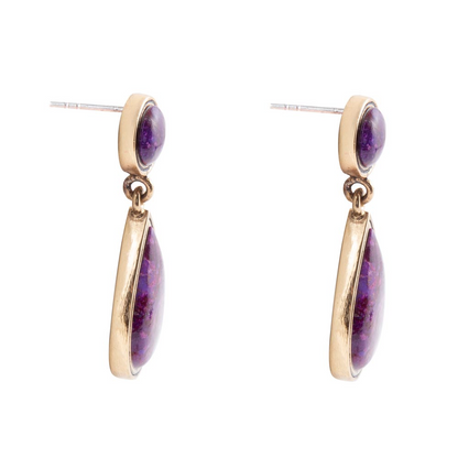 Purple turquoise and golden bronze teardrop earrings from Start2Finish jewelry featuring elegant teardrop shapes and intricate details.