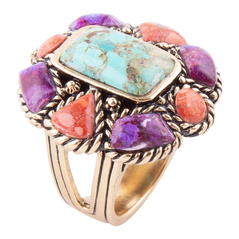 Colorful turquoise floral gold ring from Start2Finish jewelry collection, featuring vibrant blue and intricate floral design.