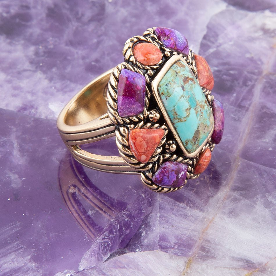 Blue turquoise floral golden ring from Start2Finish, featuring colorful floral design and intricate gold detailing.