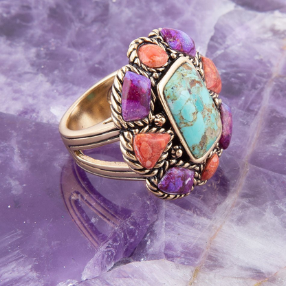 Blue turquoise floral golden ring from Start2Finish, featuring colorful floral design and intricate gold detailing.