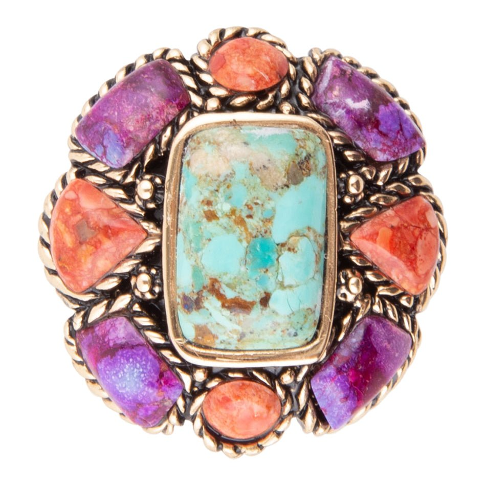 Colorful floral golden ring in turquoise blue with vibrant details, crafted by Start2Finish jewelry brand.