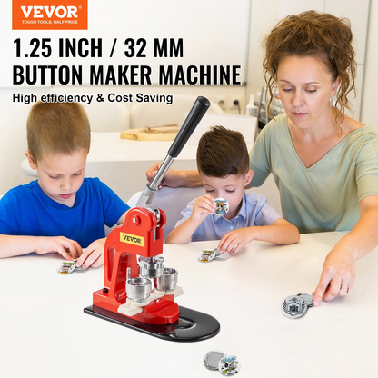 Start2Finish VEVOR 32mm button maker machine with badge punch press kit, including button parts, circle cutter, and DIY gift supplies.