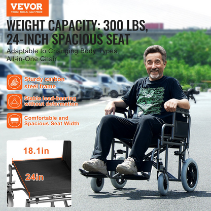 Start2Finish VEVOR wheelchair with 24-inch seat, foldable carbon steel frame, detachable armrests, and self-locking brakes.