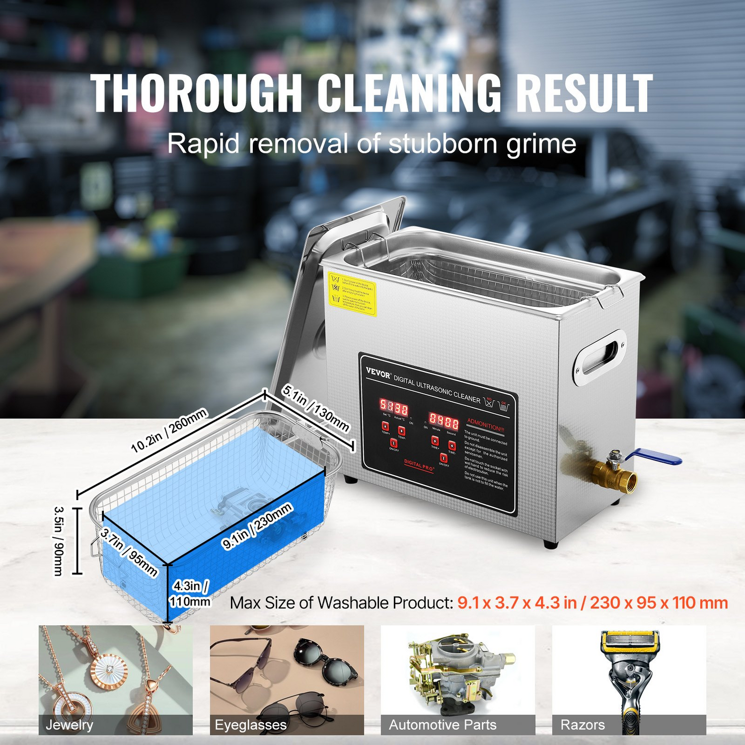Start2Finish VEVOR ultrasonic jewelry cleaner with digital timer, stainless steel housing, heating for glasses, watches, rings, and small parts