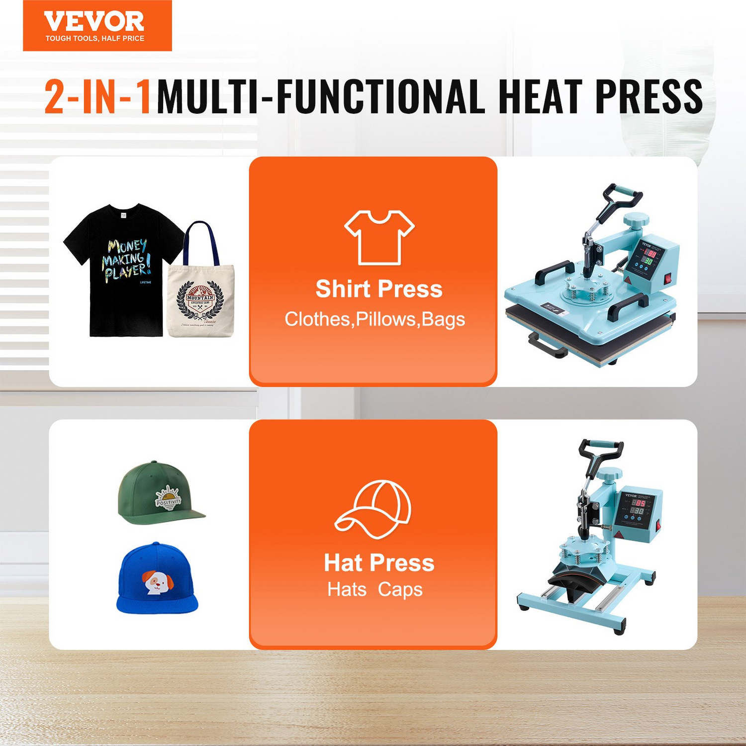 Start2Finish VEVOR 12x15 inch green heat press machine with digital control, hat press, swing away design for T-shirts and caps.