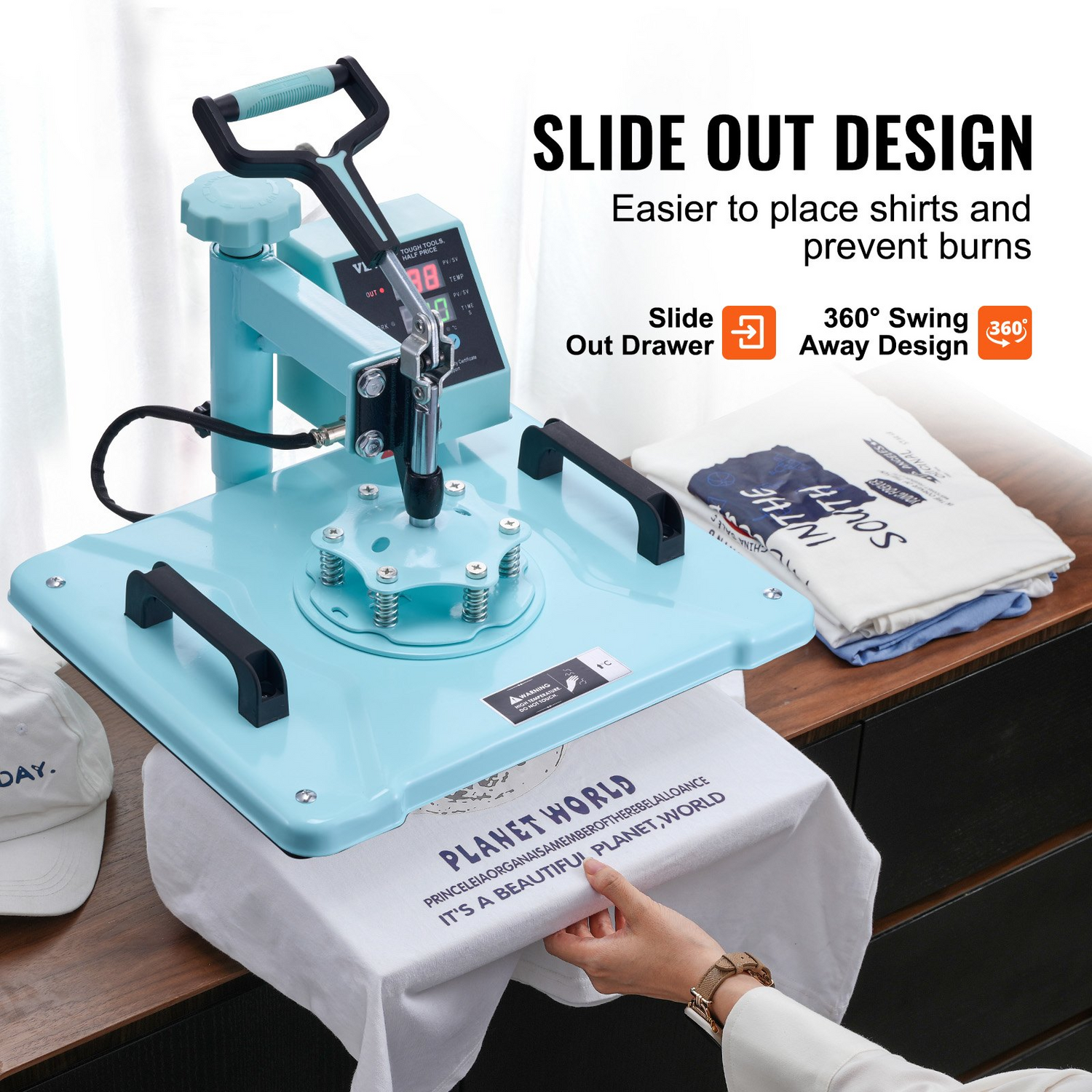 Start2Finish VEVOR 12x15 inch heat press machine with hat press, digital controls, swing-away design for T-shirts and caps.