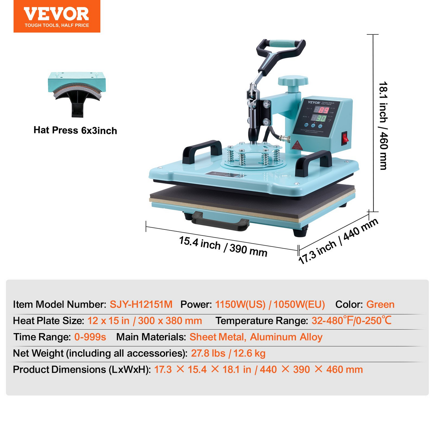 Start2Finish VEVOR 12x15 inch heat press machine with hat press, digital control, swing away, suitable for T-shirts, hats, and caps.