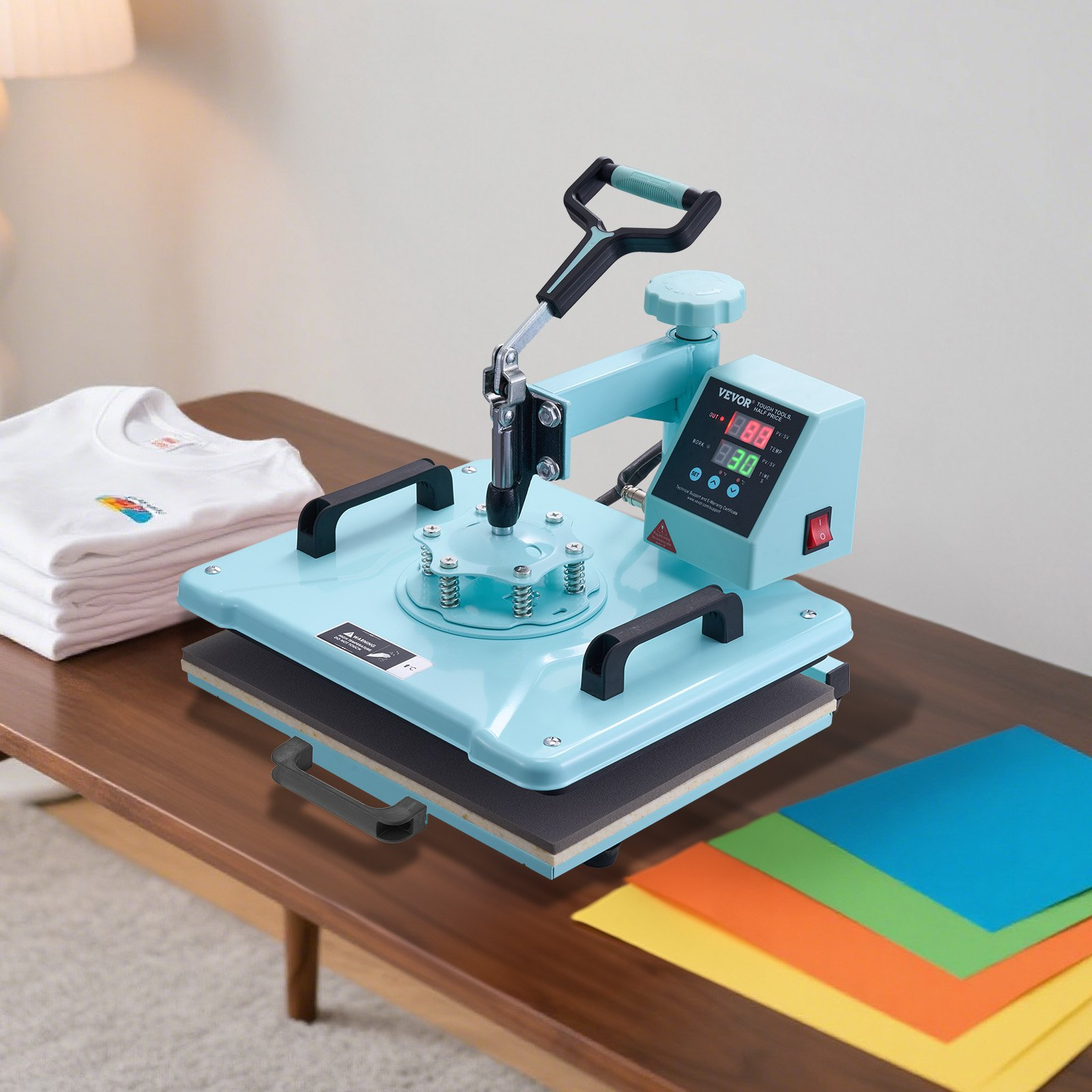 Start2Finish VEVOR 12x15 inch heat press machine with hat press, digital control, swing away, for T-shirts, hats, and caps.