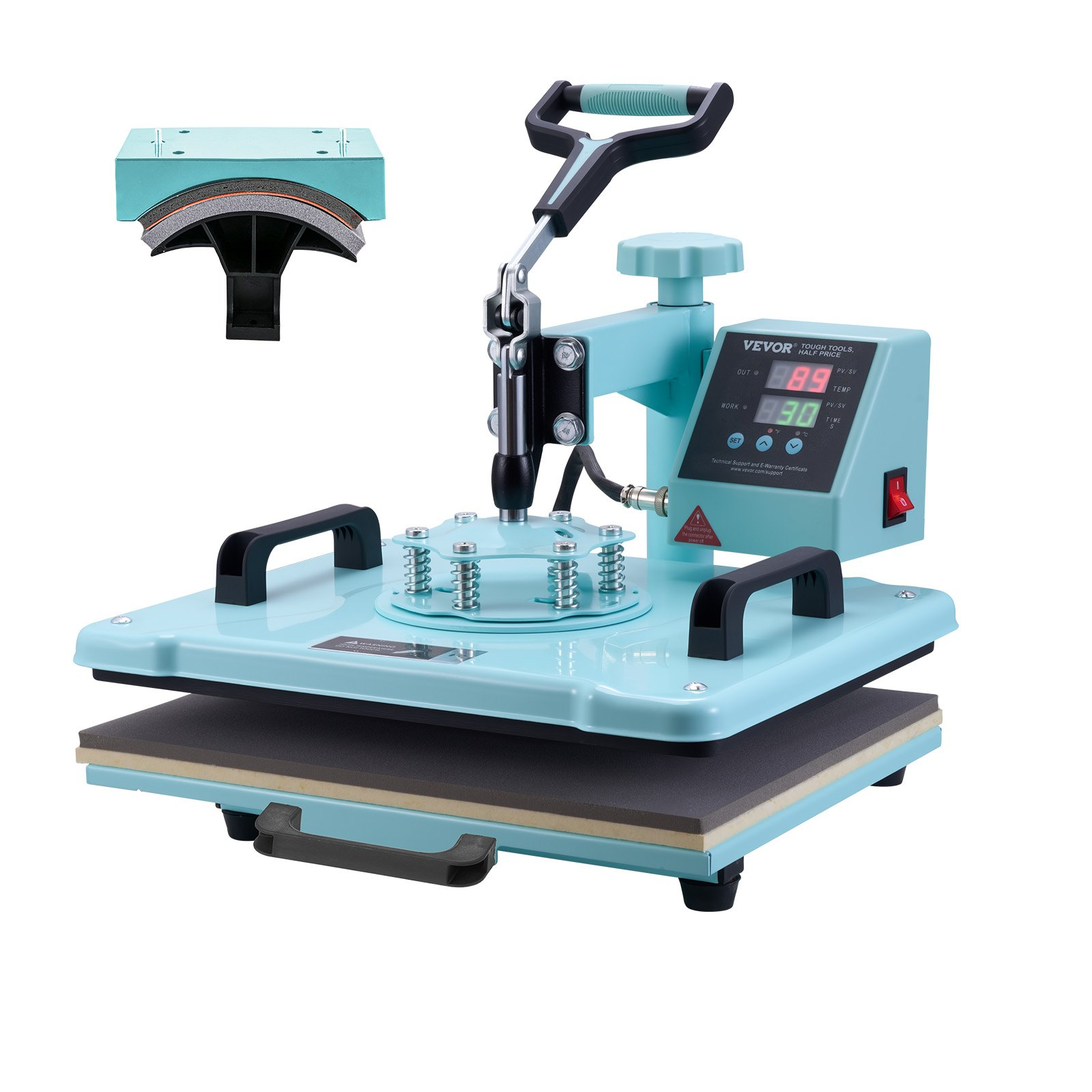 Start2Finish VEVOR 12x15 inch heat press machine with hat press, digital control, swing-away design for T-shirts and hats.
