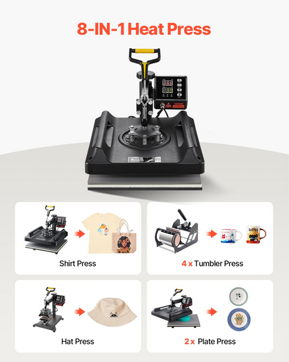 Start2Finish VEVOR 8-in-1 heat press machine with 15x15 inch swing away design for T-shirts, hats, mugs, and plates in black.