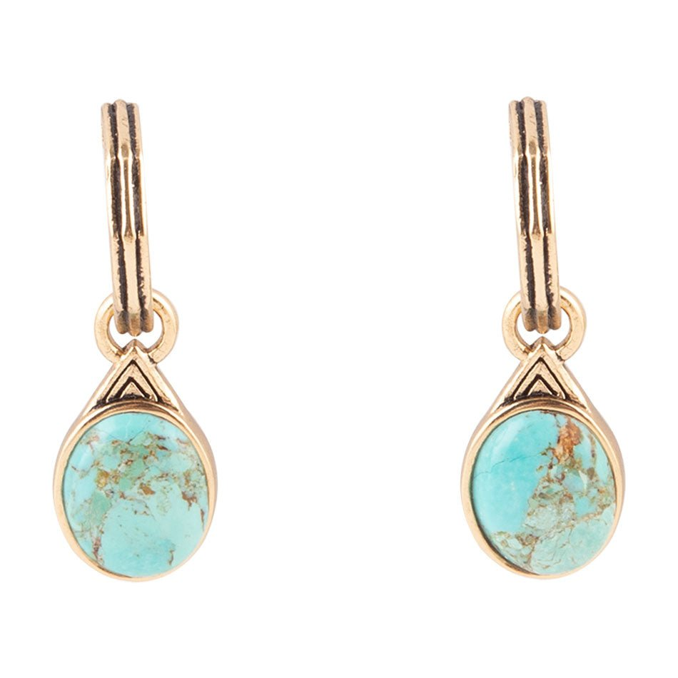 Start2Finish Nova half-hoop earrings featuring blue turquoise and gold accents, showcasing their elegant jewelry design.