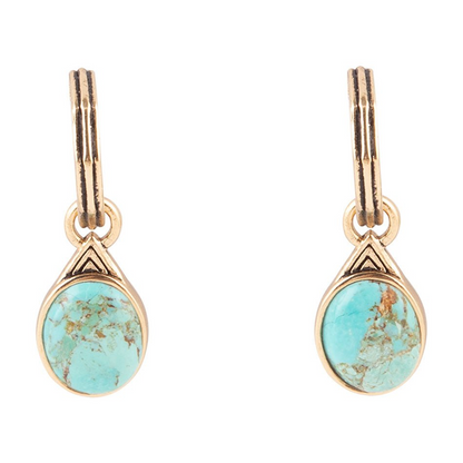 Start2Finish Nova half-hoop earrings featuring blue turquoise and gold accents, showcasing their elegant jewelry design.