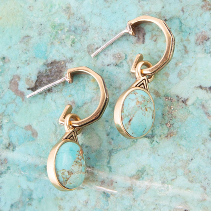 Start2Finish Nova half-hoop earrings featuring blue turquoise and gold accents, jewelry with a stylish and elegant design.