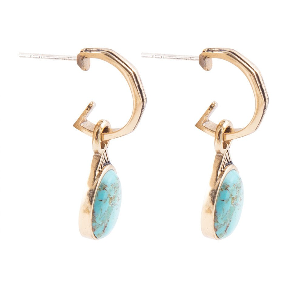 Start2Finish Nova half-hoop earrings in blue turquoise and gold with intricate jewelry design visible on the earrings.