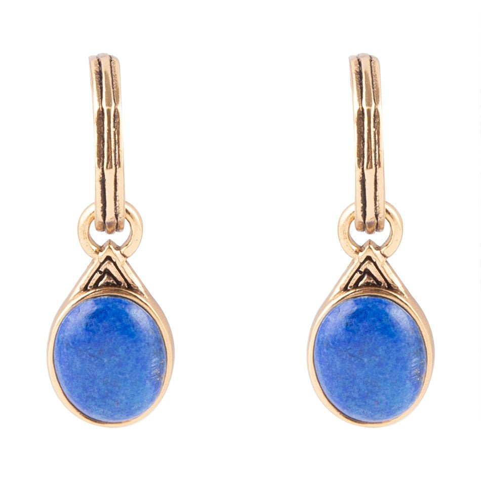Start2Finish Nova half-hoop earrings featuring blue lapis and gold accents, showcasing elegant jewelry design.