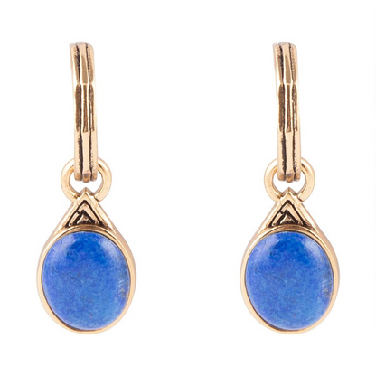 Start2Finish Nova half-hoop earrings featuring blue lapis and gold accents, showcasing elegant jewelry design.