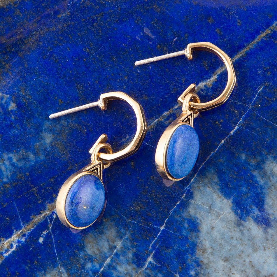 Start2Finish Nova half-hoop earrings featuring blue lapis and gold accents, showcasing elegant jewelry with vibrant blue gemstones.