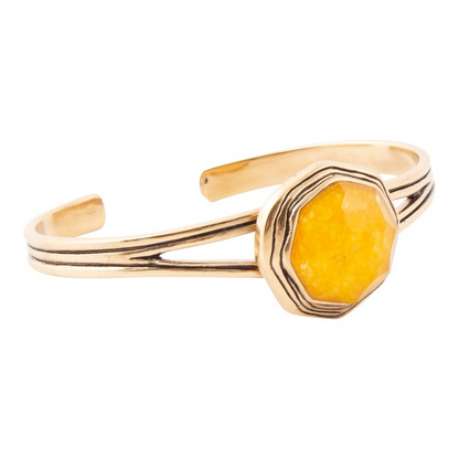 Yellow quartz river rocks and gold cuff bracelet from Start2Finish jewelry, featuring natural stone and metallic accents.
