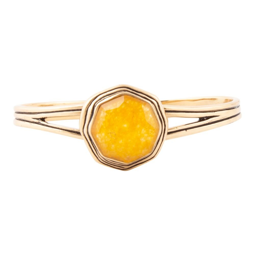 Yellow quartz river rocks and gold cuff bracelet from Start2Finish jewelry, featuring natural stone and metallic design.