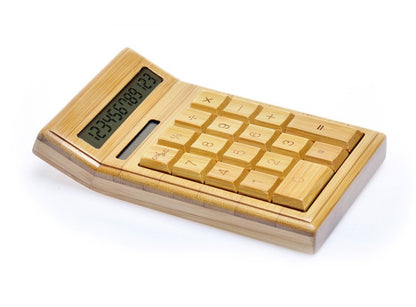 Fuchsia Molly solar-powered bamboo novelty calculator with a compact design and eco-friendly bamboo finish.