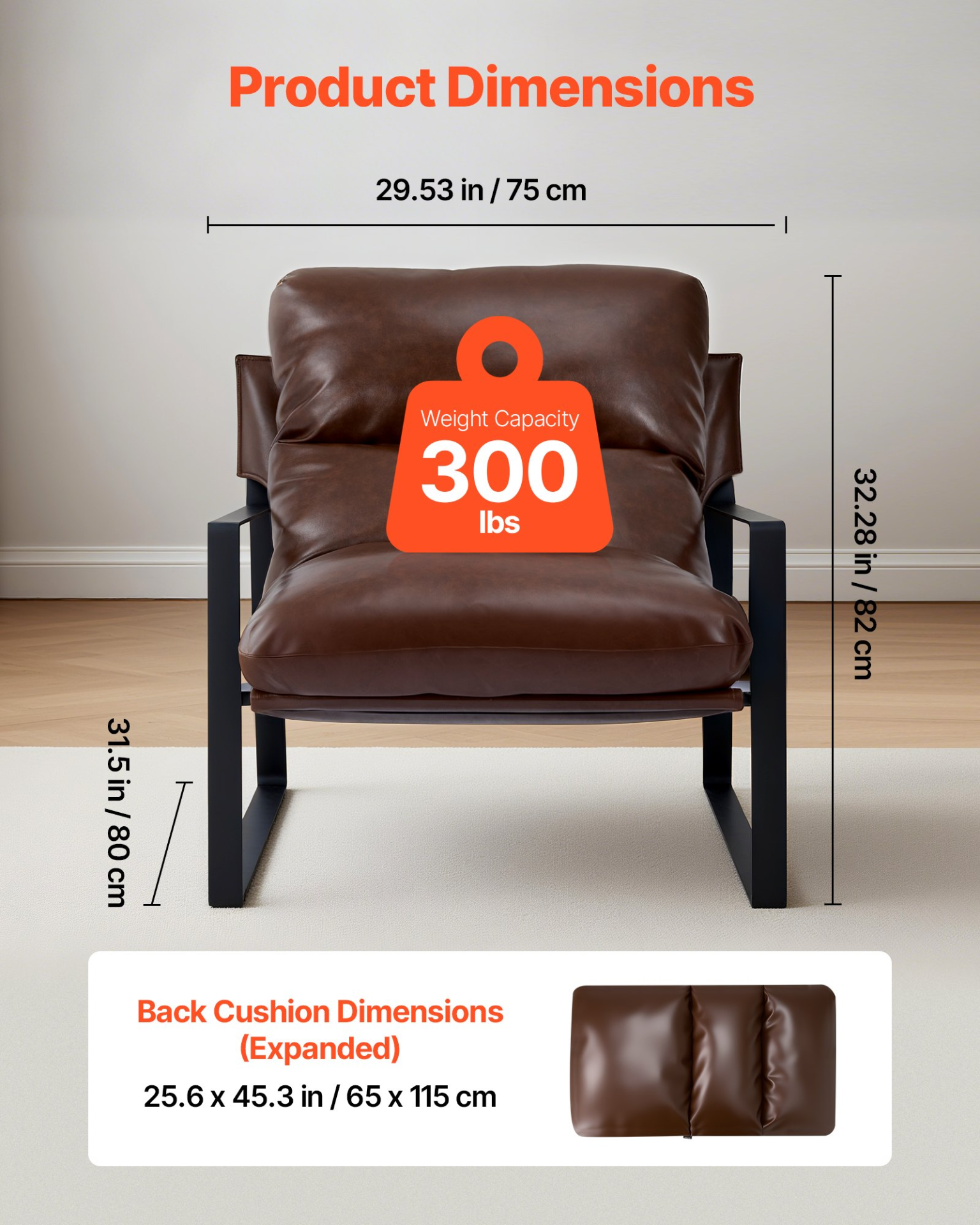 Brown VEVOR accent chair with soft foam cushioning, sturdy metal frame, upholstered in modern PU leather, ideal for living rooms and offices.