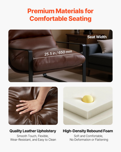 Start2Finish VEVOR brown accent chair with modern PU leather upholstery, soft foam cushion, sturdy metal frame, ideal for living or bedroom.