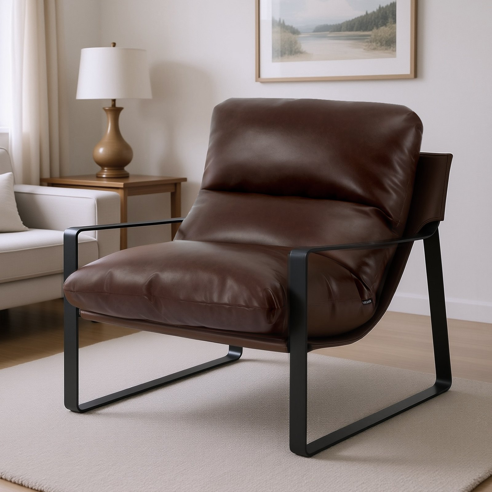 Modern brown VEVOR accent chair with PU leather upholstery, soft foam cushion, sturdy metal frame, ideal for living room or office.