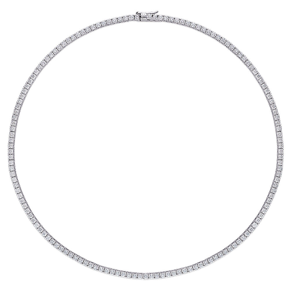 12.5 ct. DEW Created Brilliant Sapphire tennis necklace with 14K gold overlay, showcasing sparkling blue sapphires on a fine chain.