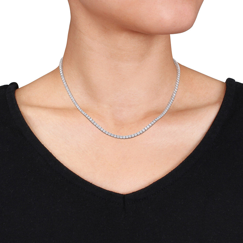 Start2Finish 12.5 ct. DEW Created Brilliant Sapphire Tennis Necklace in 14K gold overlay, showcasing sparkling blue sapphires on a delicate chain.