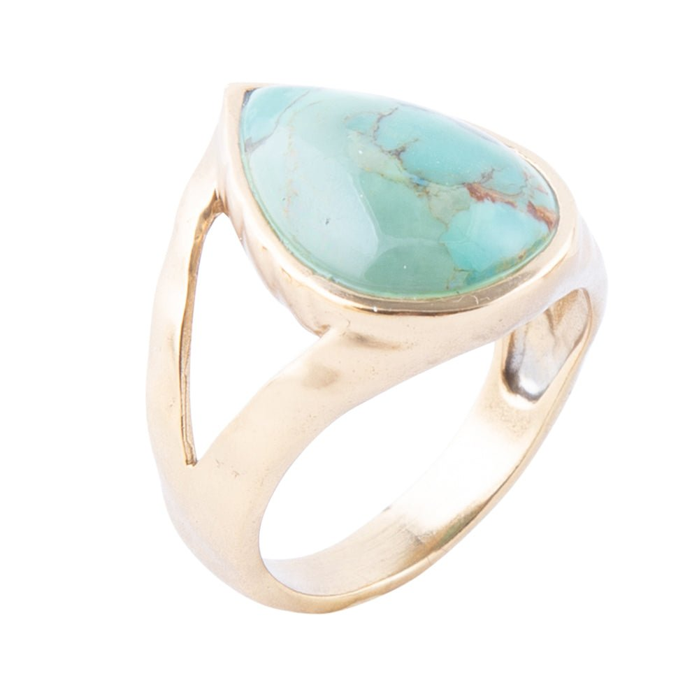 Start2Finish Maisy Blue Turquoise Golden Teardrop Ring showcasing a turquoise teardrop gemstone set in gold jewelry.
