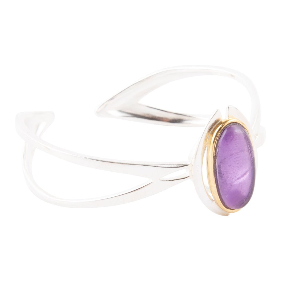 Shine Bright Amethyst cuff bracelet by Start2Finish featuring a silver-tone band with purple amethyst stones and intricate design.
