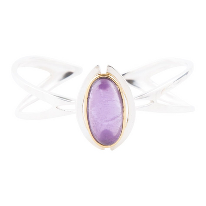 Start2Finish Shine Bright Amethyst cuff bracelet featuring polished purple amethyst stones and a sleek metal band.