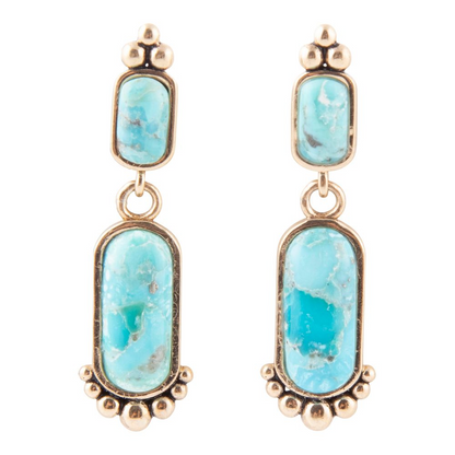 Start2Finish Plateau Blue Turquoise and Golden Earrings featuring vibrant turquoise stones and golden accents in a jewelry design.
