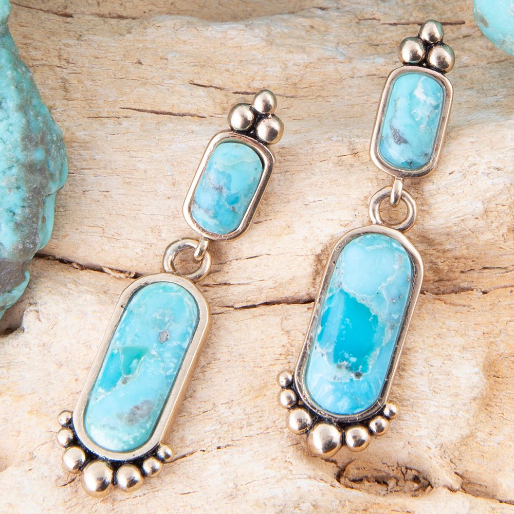 Start2Finish turquoise and gold earrings featuring a plateau-style design with vibrant blue and golden accents.