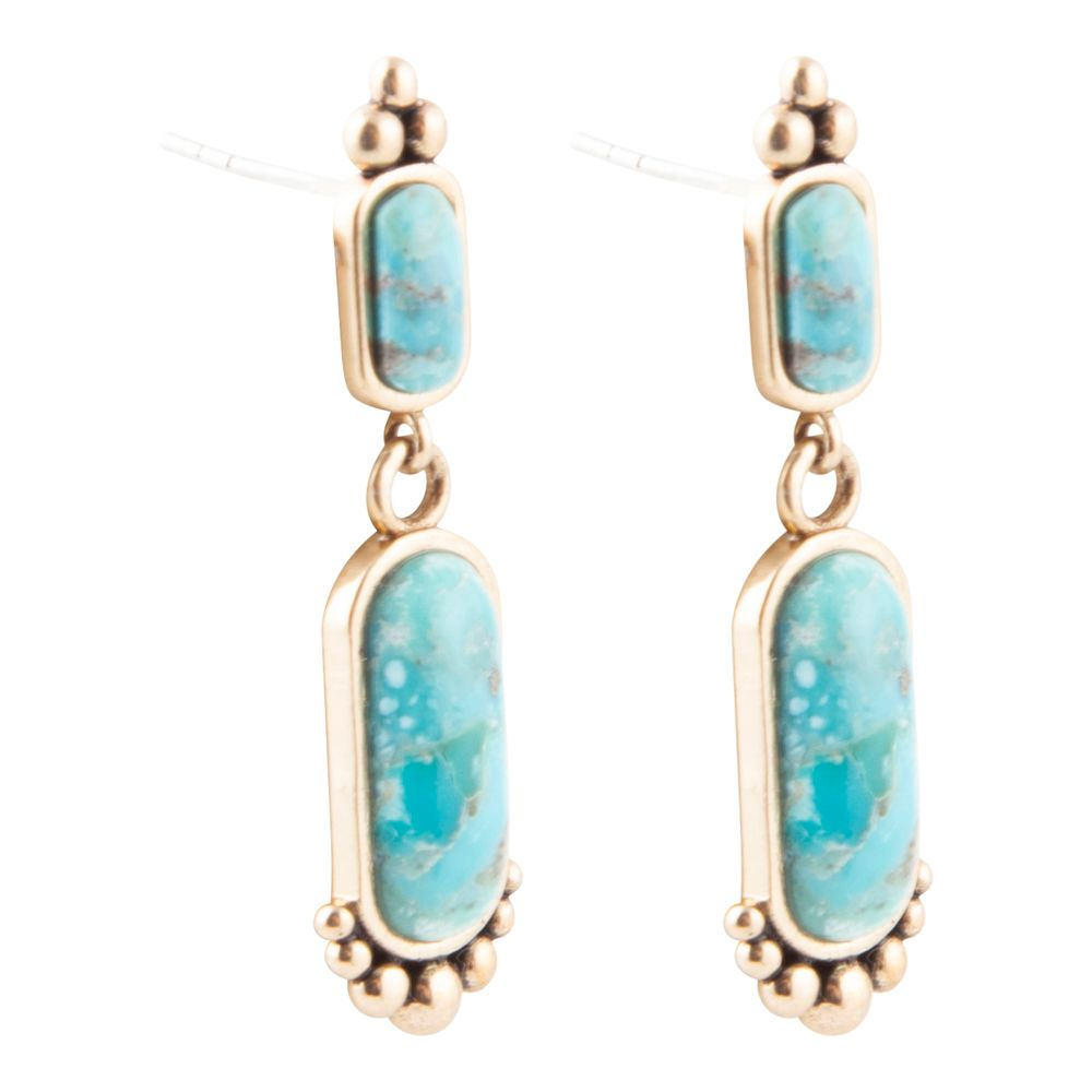 Blue turquoise and golden earrings from Start2Finish jewelry collection, featuring a stylish plateau design and intricate details.