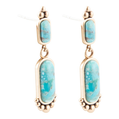 Blue turquoise and golden earrings from Start2Finish jewelry collection, featuring a stylish plateau design and intricate details.