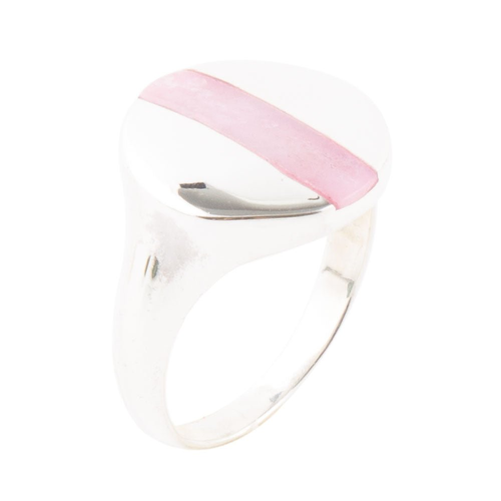 Pink opal and sterling silver circle ring from Start2Finish jewelry, featuring a polished pink opal gemstone in a sleek silver band.