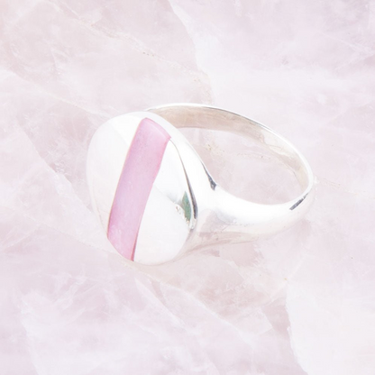 Pink opal and sterling silver circle ring from Start2Finish jewelry featuring a polished pink opal gemstone in a sleek silver band