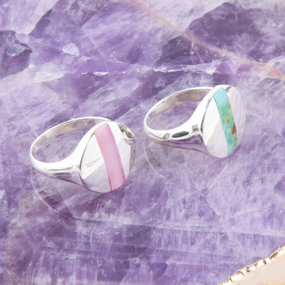 Pink opal and sterling silver circle ring from Start2Finish jewelry, featuring a polished pink opal stone set in a sleek silver band.