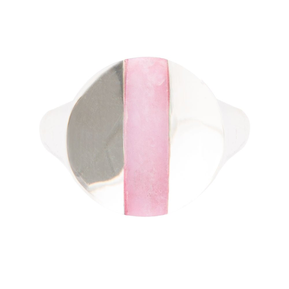 Pink opal and sterling silver circle ring featuring a signet design, crafted by Start2Finish jewelry brand.