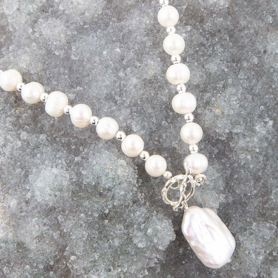 Start2Finish Sunday Best Pearl Toggle Necklace featuring elegant white pearls and a silver toggle clasp.