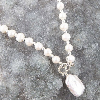 Start2Finish Sunday Best Pearl Toggle Necklace featuring elegant white pearls and a silver toggle clasp.