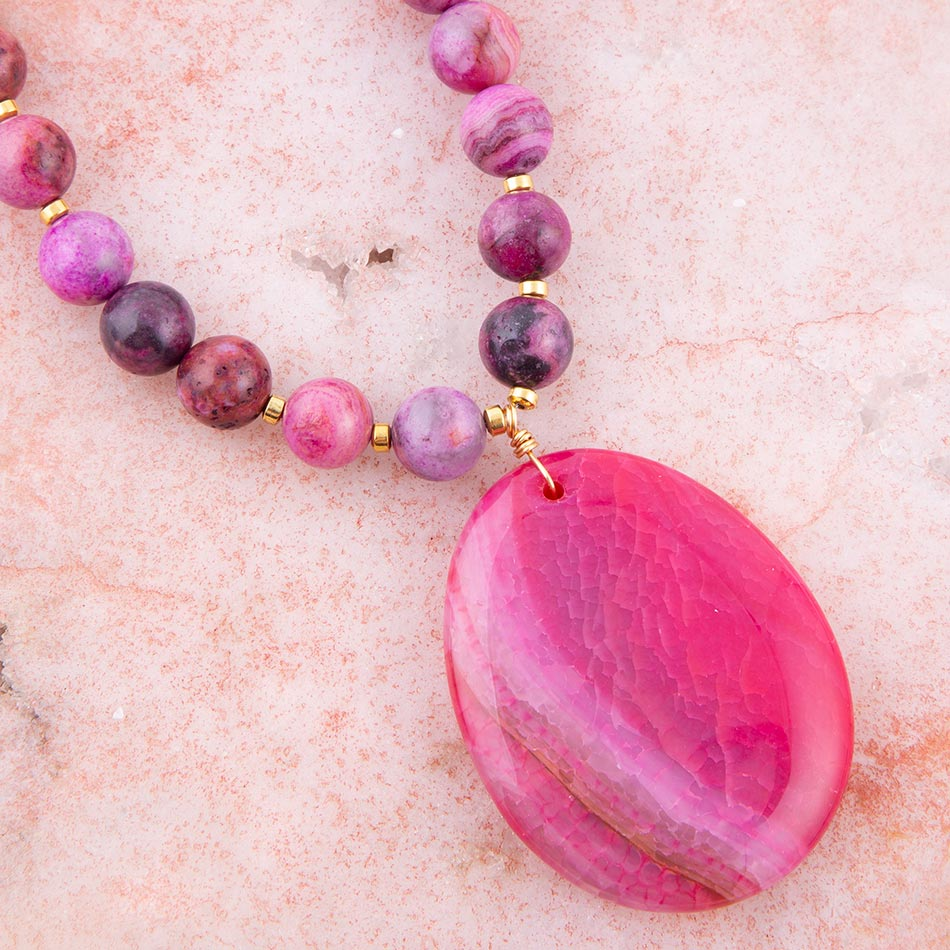 Pink magenta dreams agate slab pendant necklace featuring a polished stone pendant on a silver chain, jewelry by Start2Finish